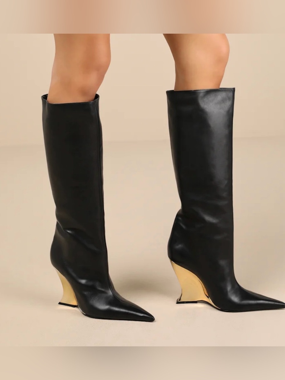 SCHUTZ Siena Black and Gold Leather Knee-High Wedge Boots -size: 7 - NWT